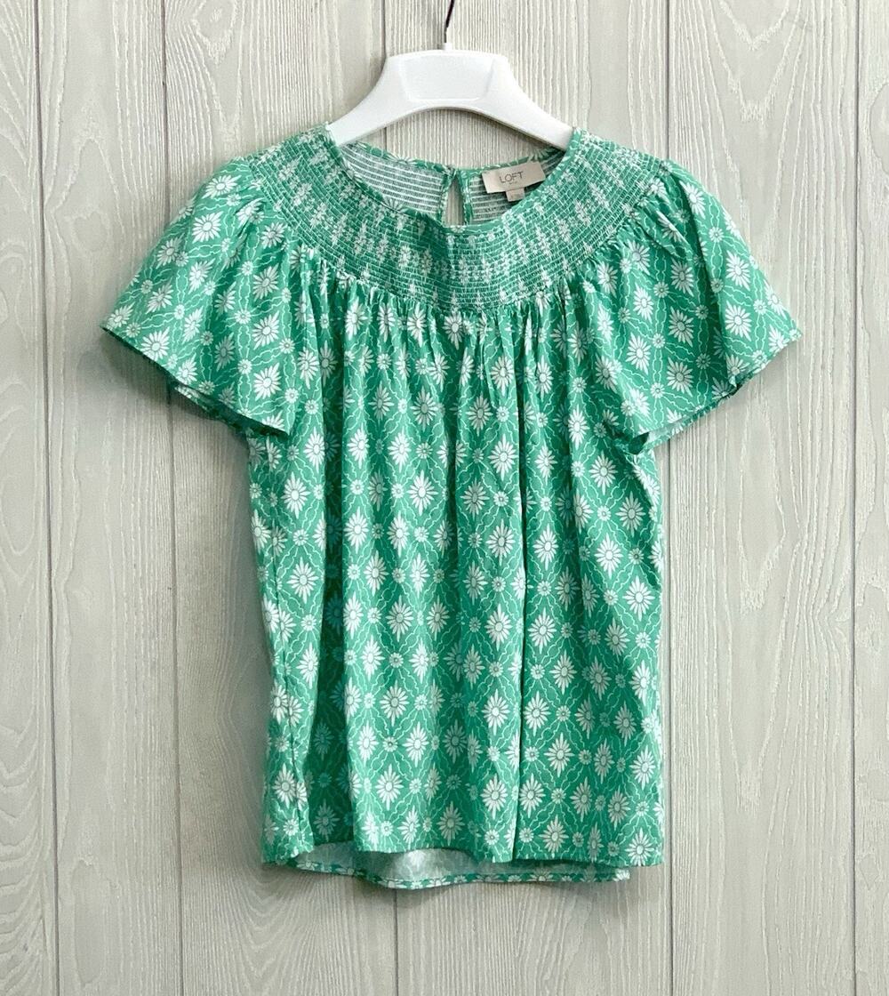 Loft Outlet Green White Floral Short Sleeve Top Small NWT